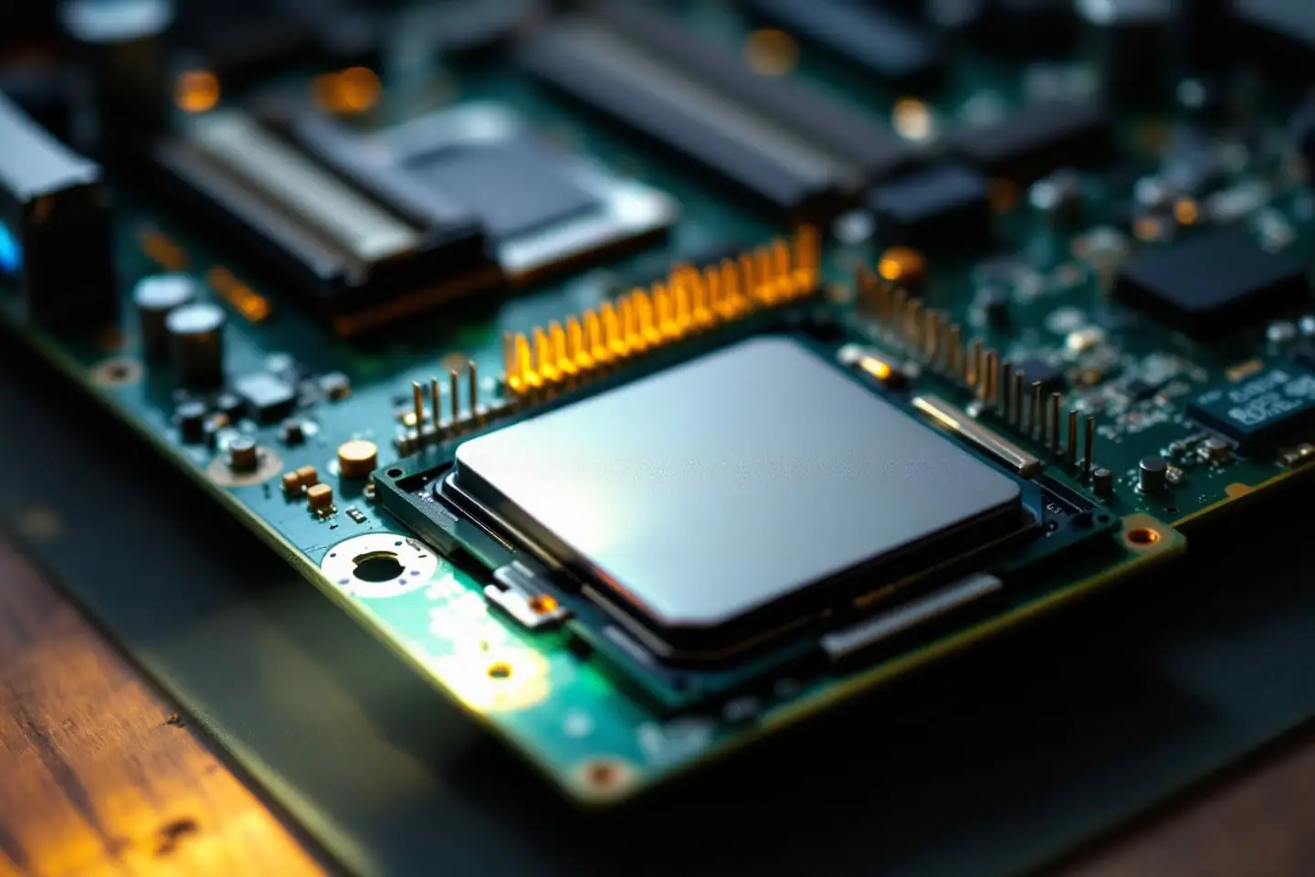 Empty processor socket on an older motherboard with a quad-core chip resting beside it
