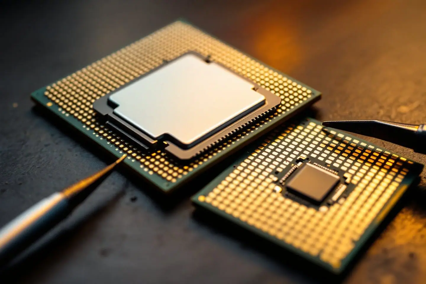 Two processors on an anti-static mat, one lid up and one showing gold pads, with a loupe