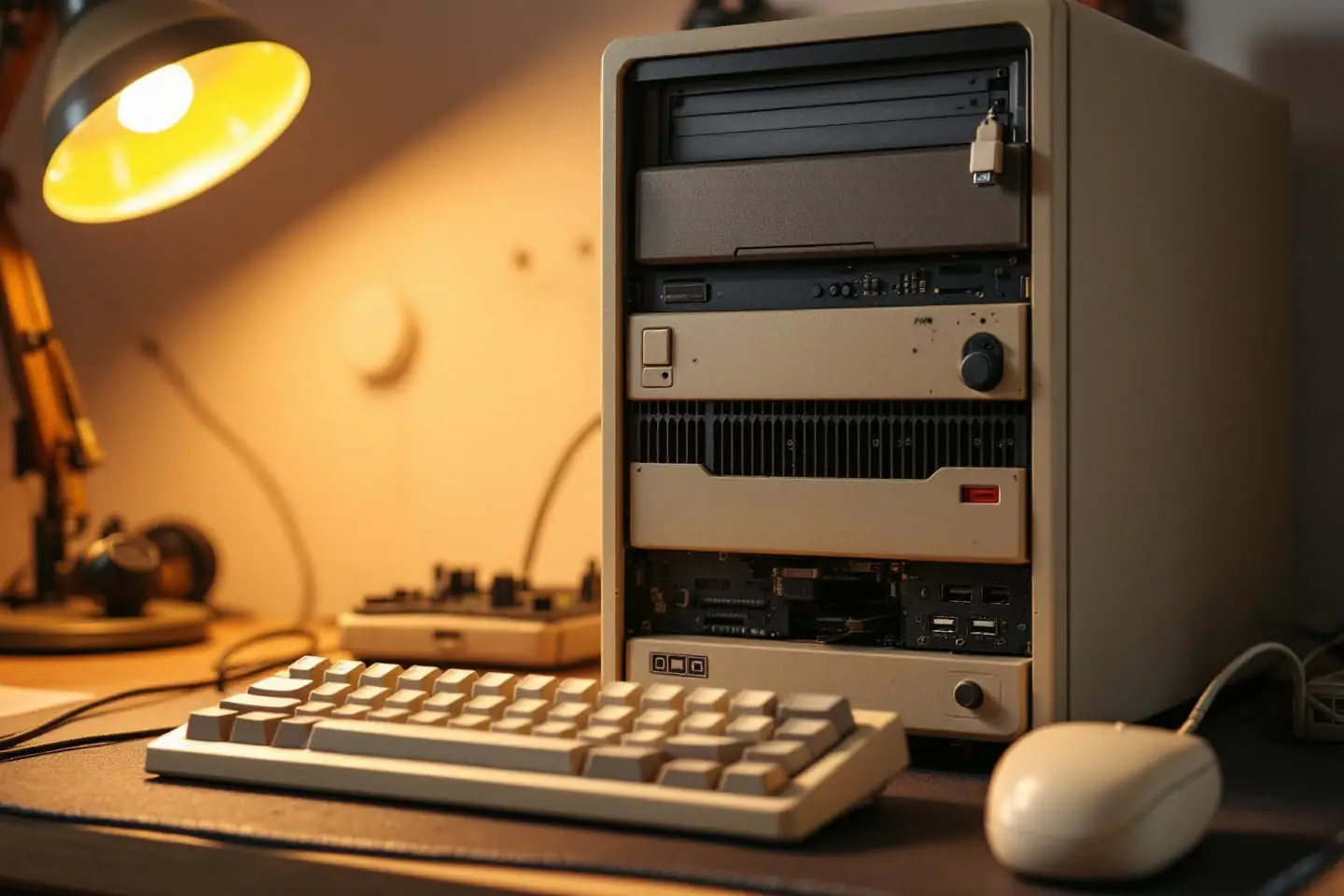 Beige desktop tower with its side panel off and a small USB stick in a front port