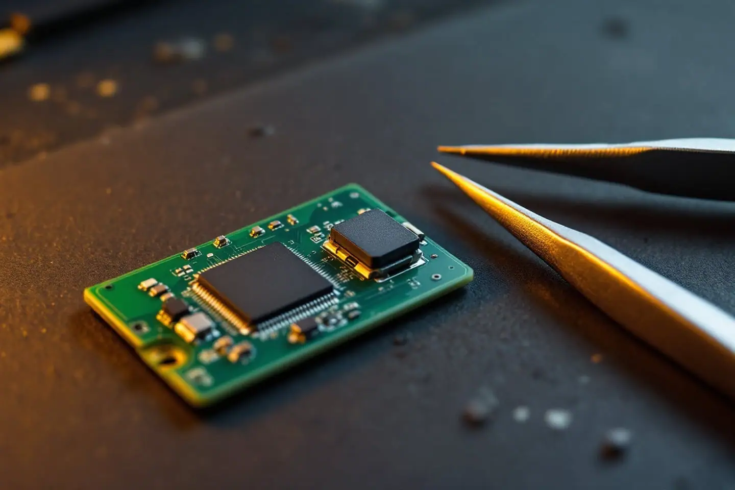 Two small BIOS flash chips on a motherboard corner beside a programmer test clip and USB stick