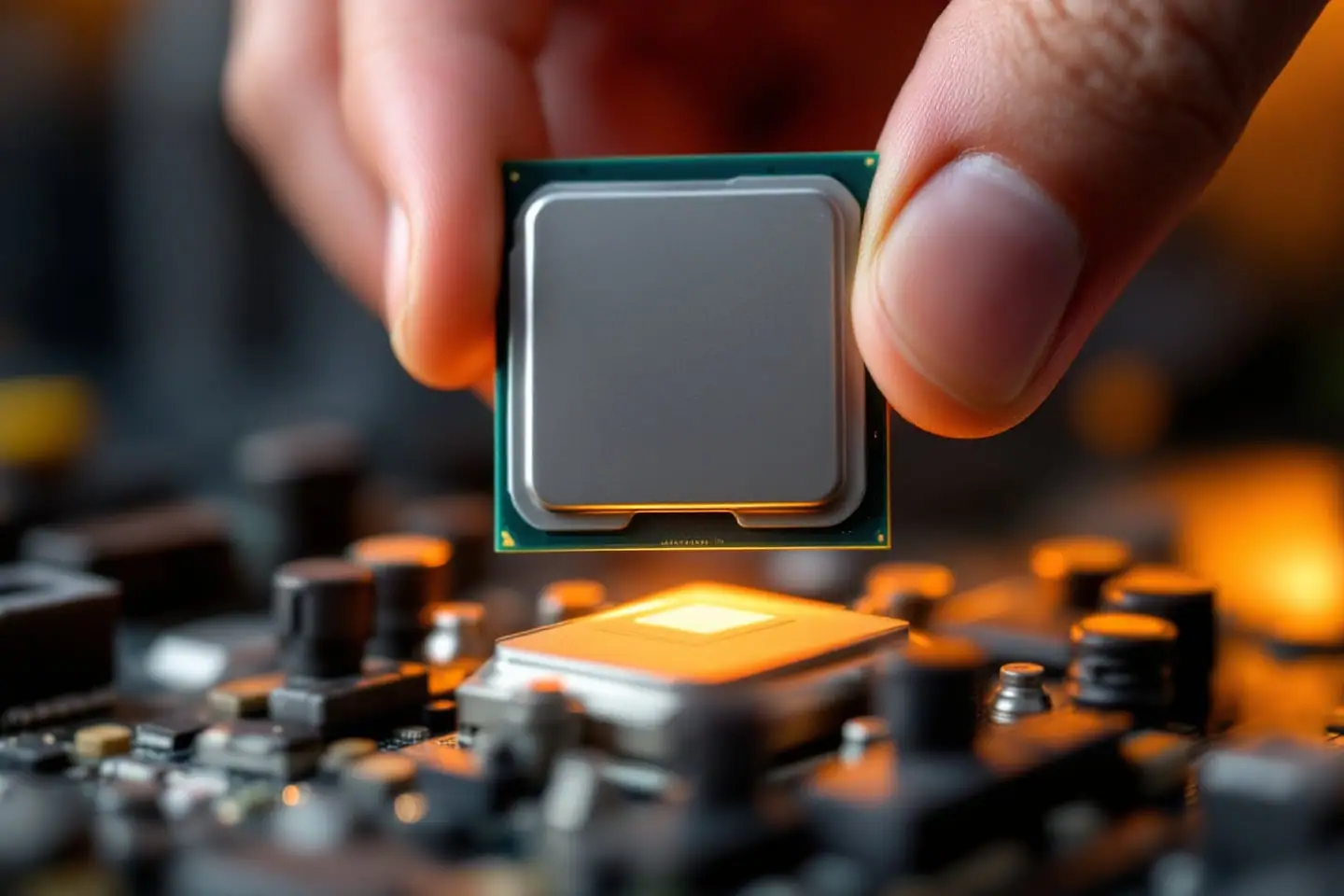 Fingers lowering a desktop processor into an open motherboard socket with its load lever raised