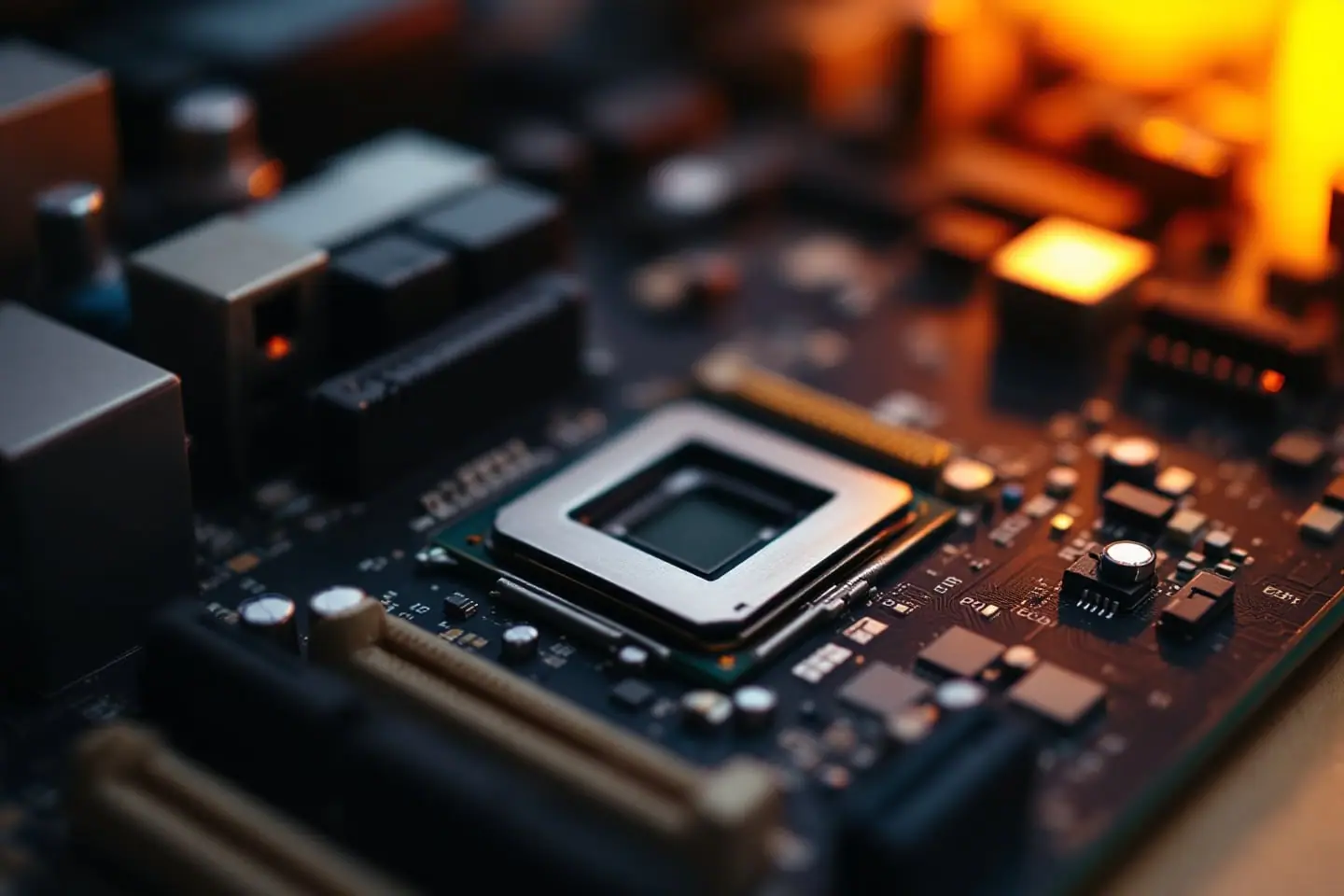 Empty CPU socket on a motherboard with an unlabeled processor resting beside it on an anti-static mat