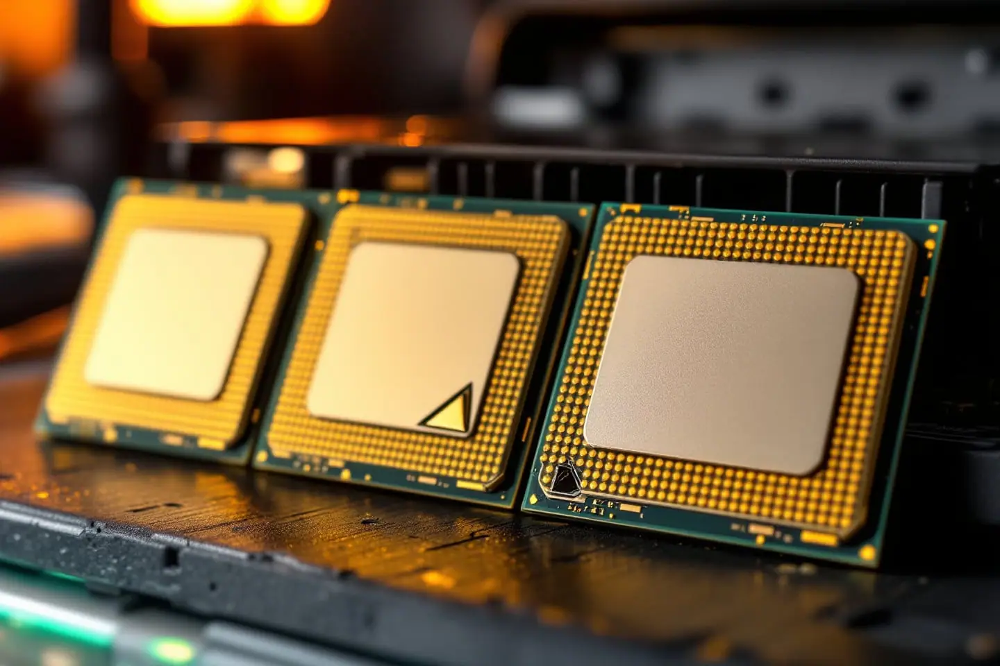 Four server processors in a row on an anti-static mat with their gold contact pads facing up