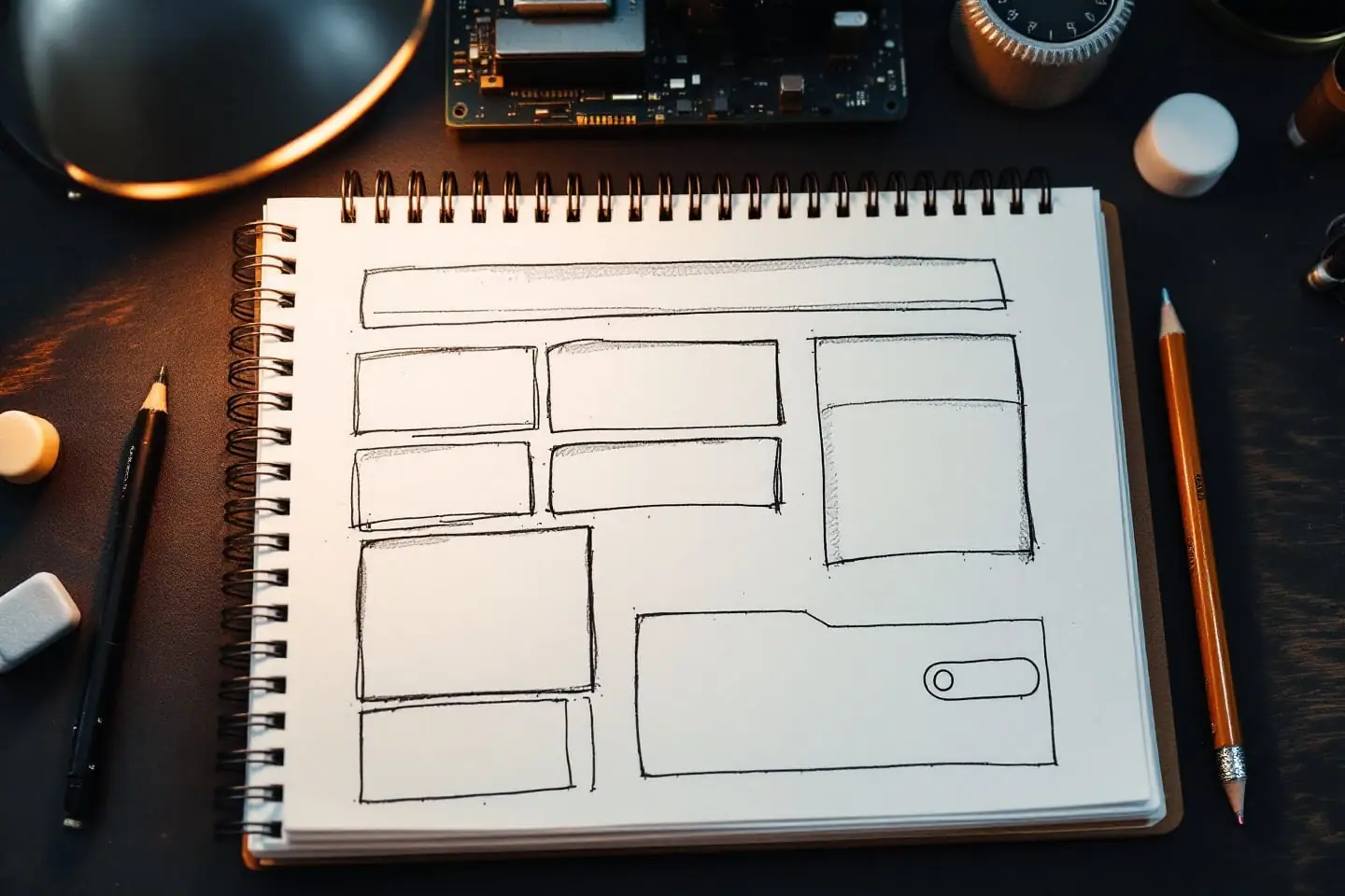 Pencil wireframe sketches of a web page layout in an open notebook beside a pencil and eraser